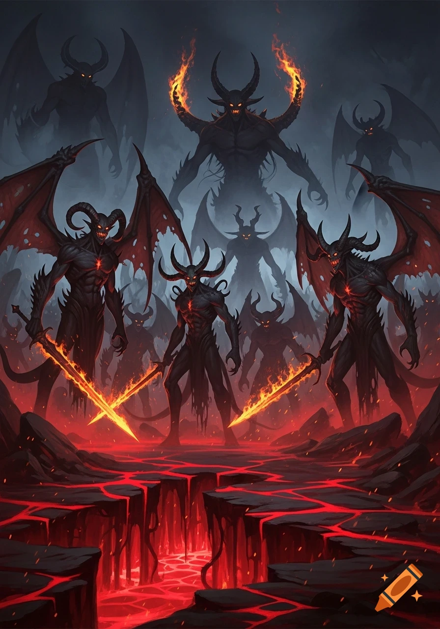 Dark fantasy art of multiple horned, winged demons in a fiery hellscape, some holding flaming swords.