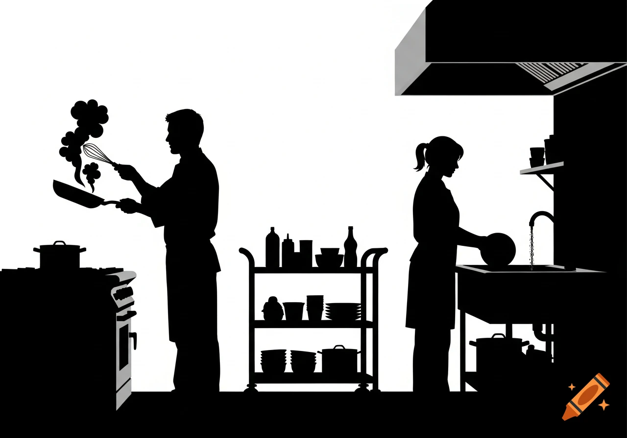 Silhouette of a man cooking with smoke rising from a pan, and a woman washing dishes in a kitchen with a utility cart.
