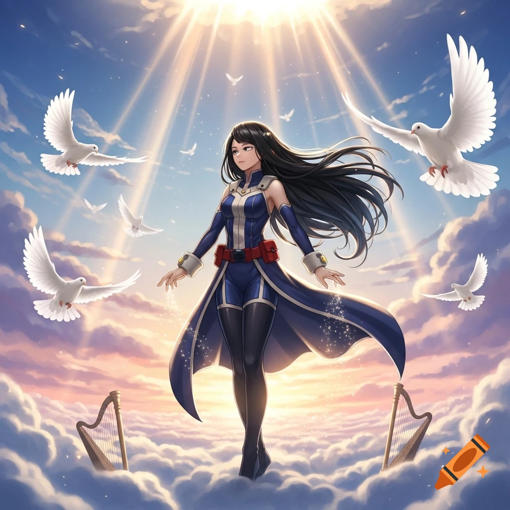 Anime character Momo Yaoyorozu in a blue and white outfit, floating amidst clouds with doves and harps in a radiant, heavenly sky.