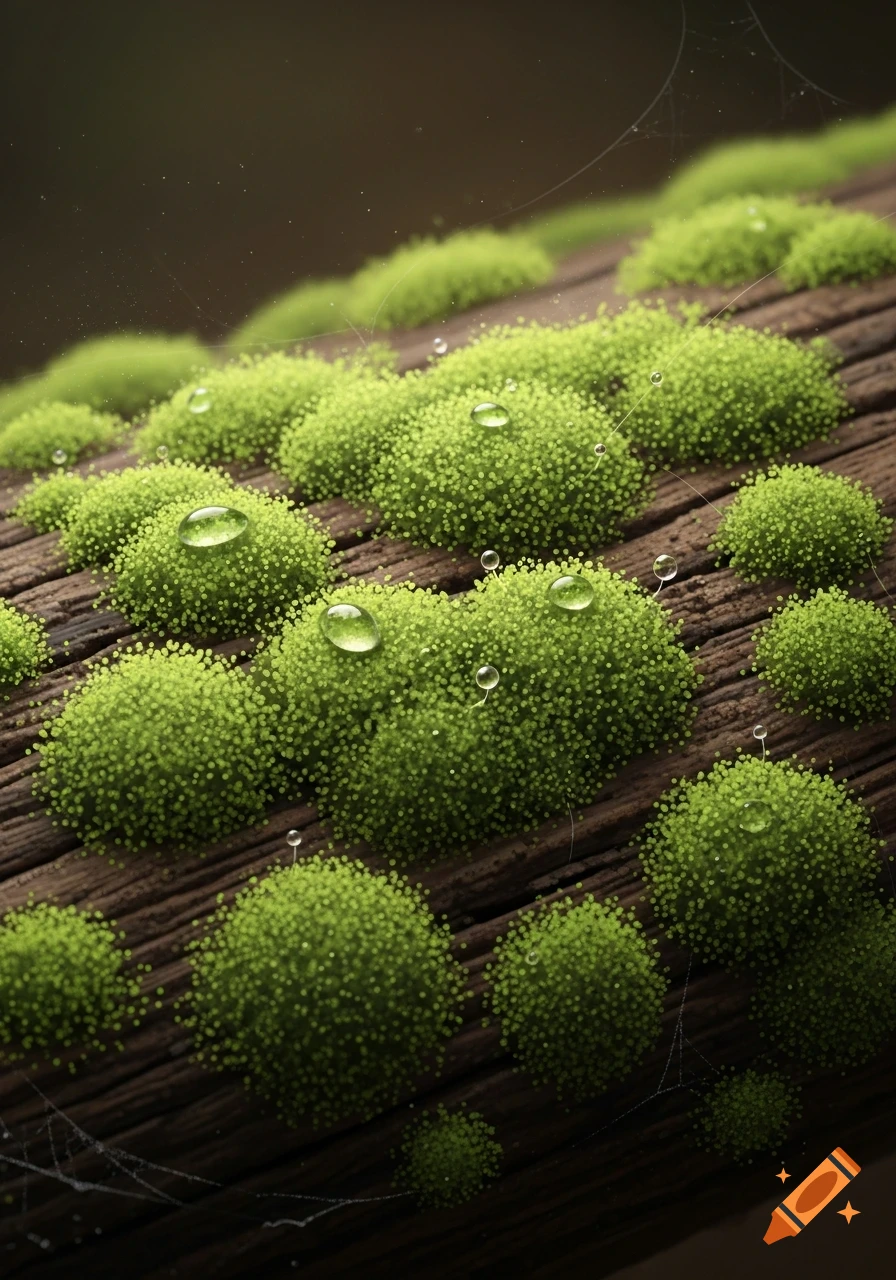 Close-up of vibrant green moss with water droplets growing on a dark wooden surface, with subtle spiderwebs.