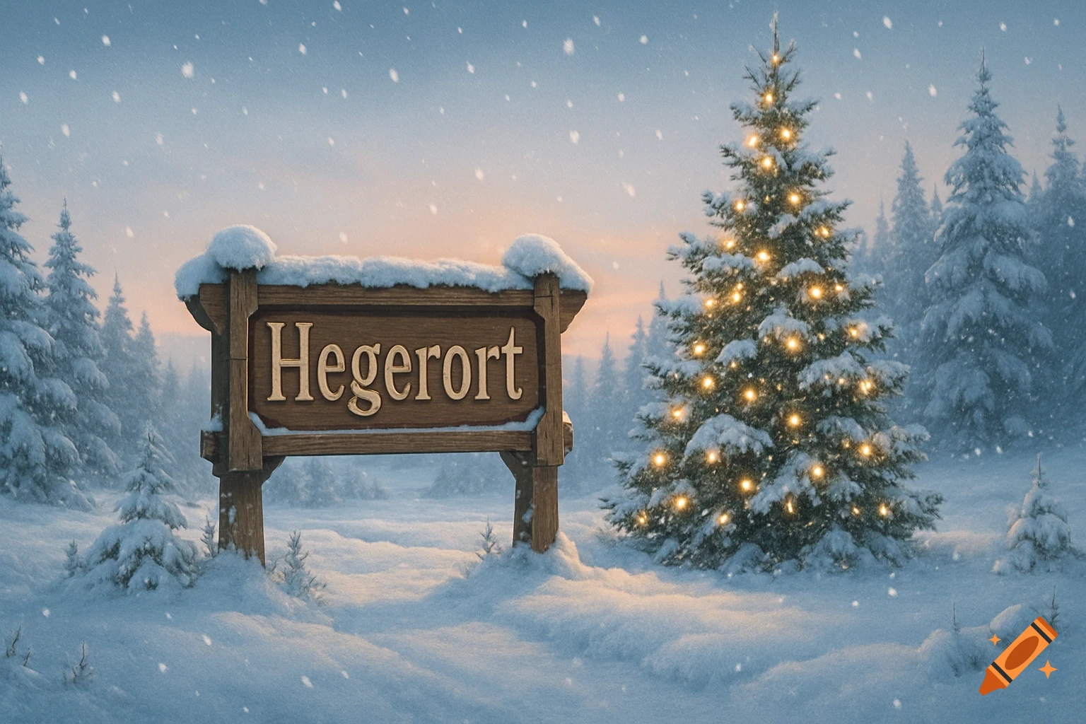 A wooden sign with 'Hegerort' on it, standing in a snowy winter forest next to a lit Christmas tree, with snowflakes falling.