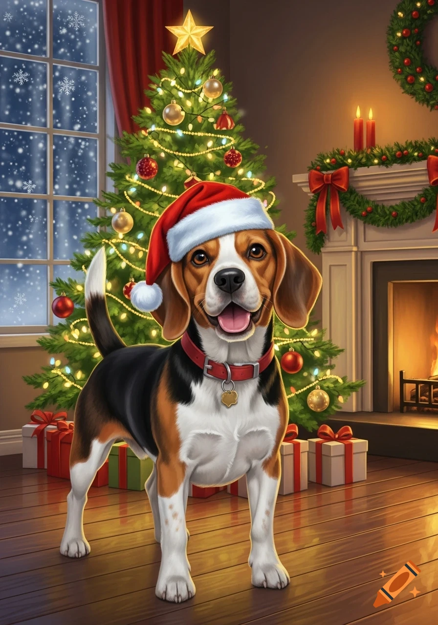 A happy beagle dog in a Santa hat stands smiling in front of a decorated Christmas tree and a lit fireplace with a wreath.