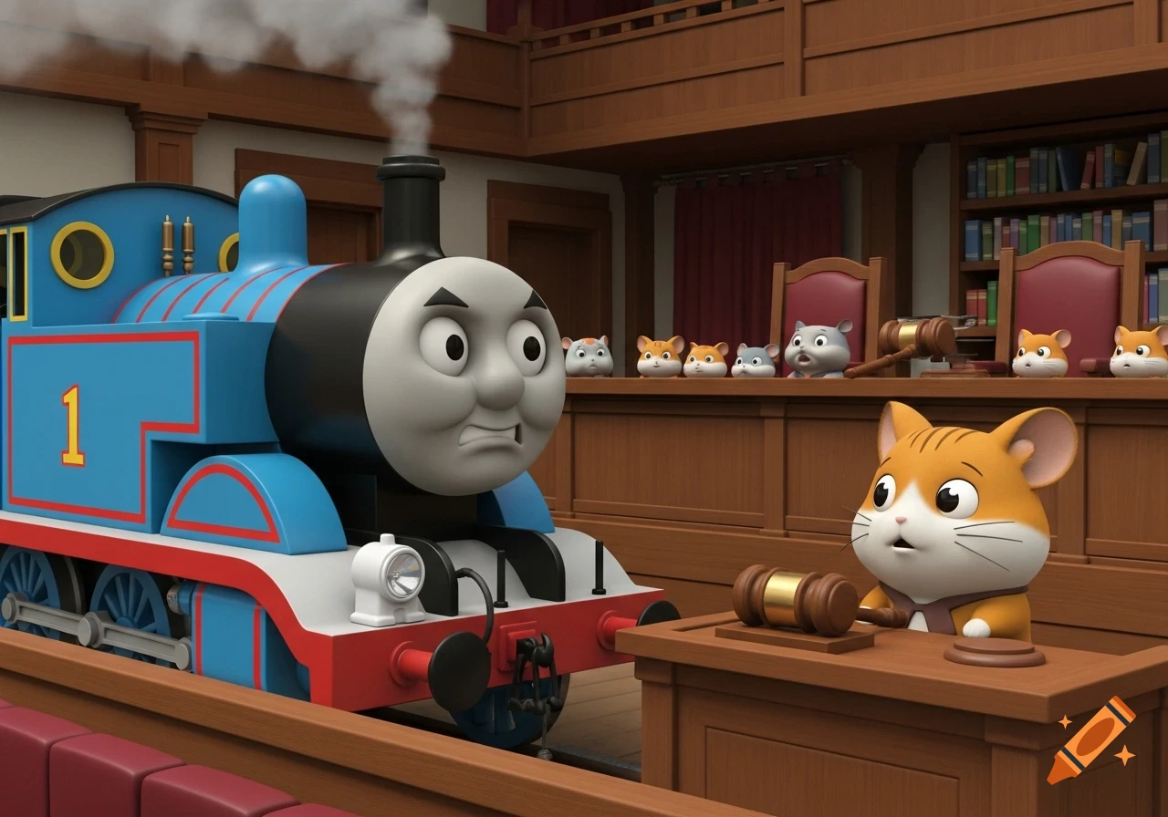 Angry Thomas the Tank Engine in a courtroom, facing a hamster judge with a gavel, 3D cartoon style.