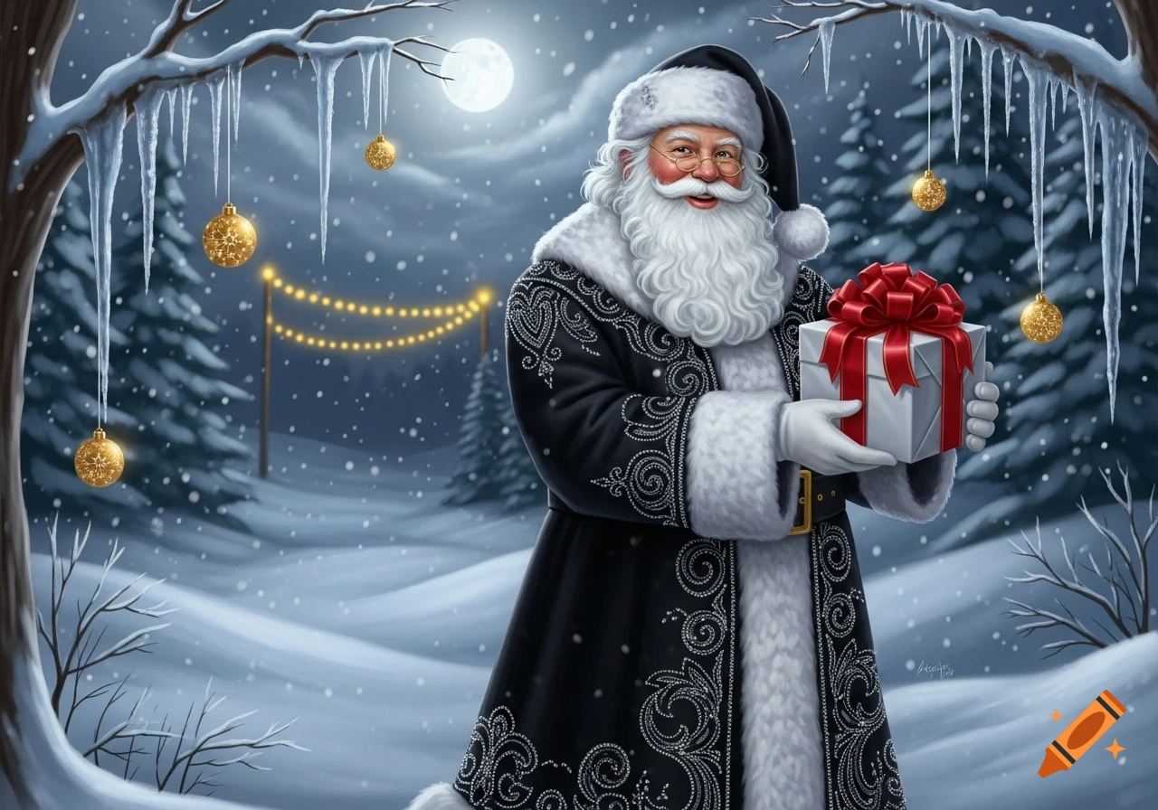 Santa Claus in a black suit with white fur trim, holding a gift in a snowy winter wonderland with icicles and golden ornaments.
