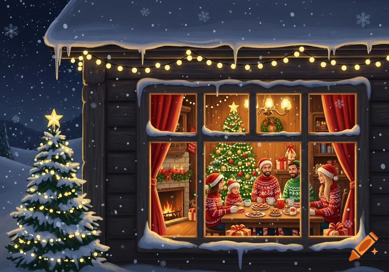 A family celebrates Christmas inside a cozy cabin, viewed from outside through a window, with snow falling.
