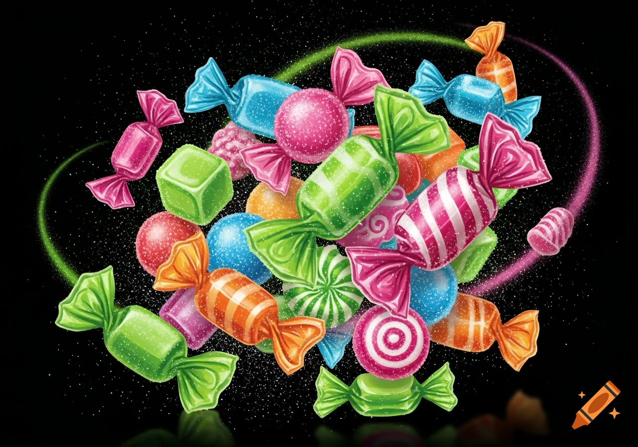 Vibrant illustration of a pile of colorful, sugar-coated candies against a dark background with sparkling trails.