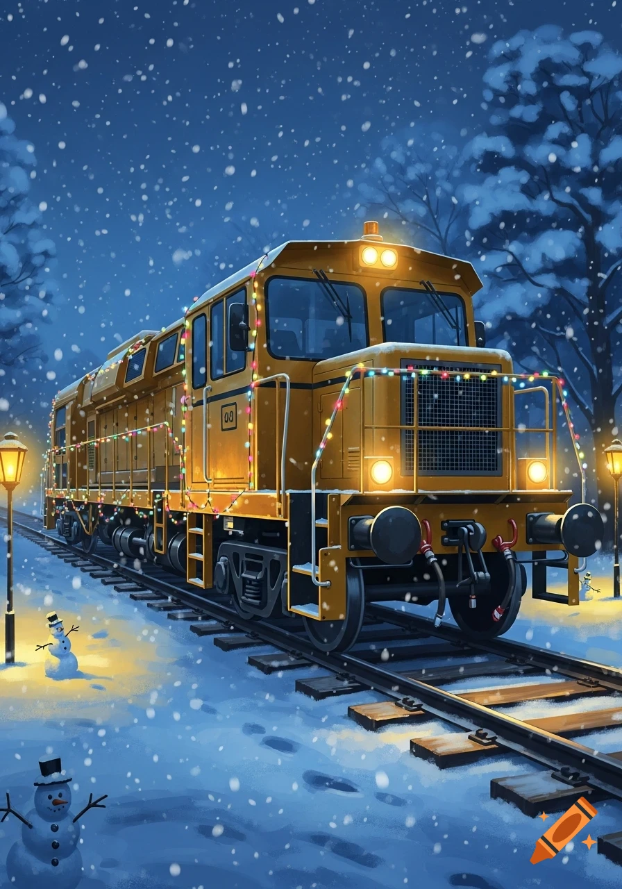 An illustrative image of a yellow train adorned with colorful Christmas lights, on tracks in a snowy landscape at night. Snowmen and glowing lanterns line the tracks.