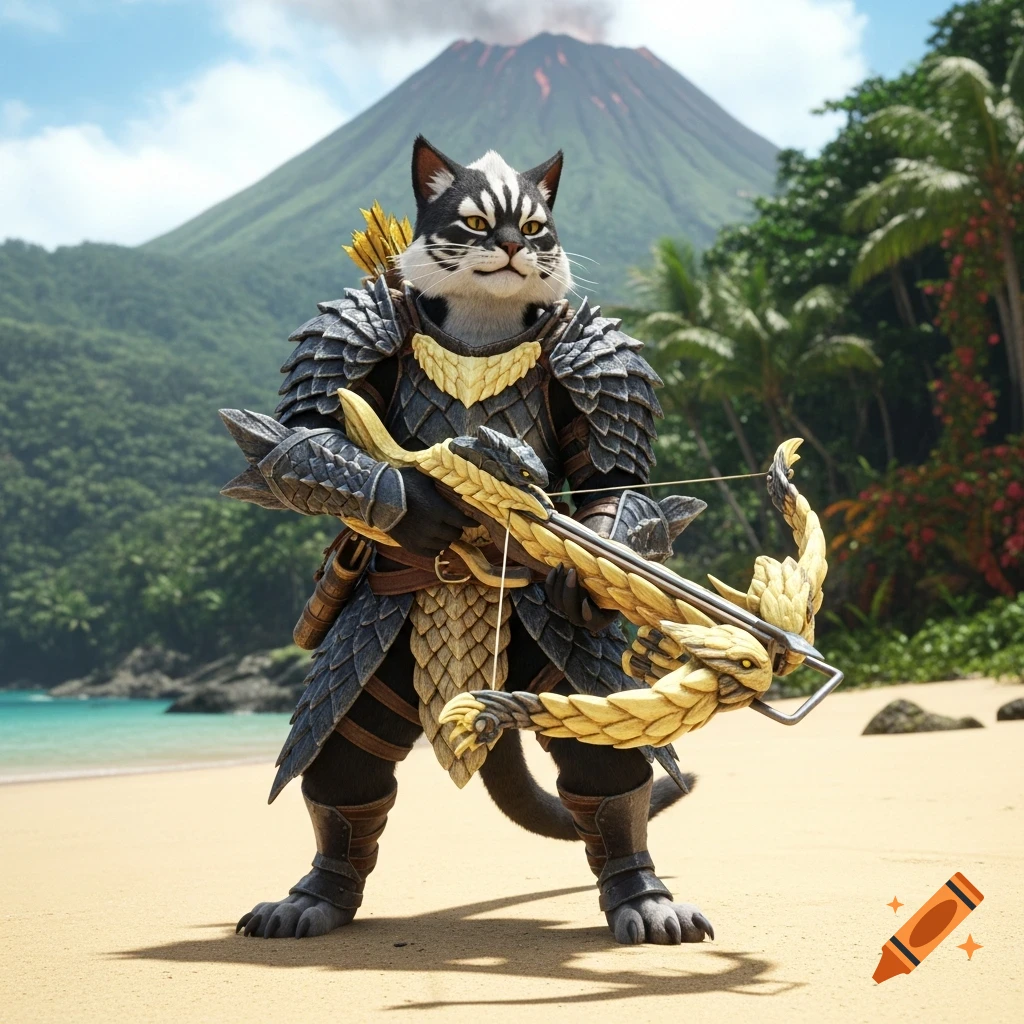 A black and white anthropomorphic cat warrior in scale armor holds a crossbow on a tropical beach with a smoking volcano.