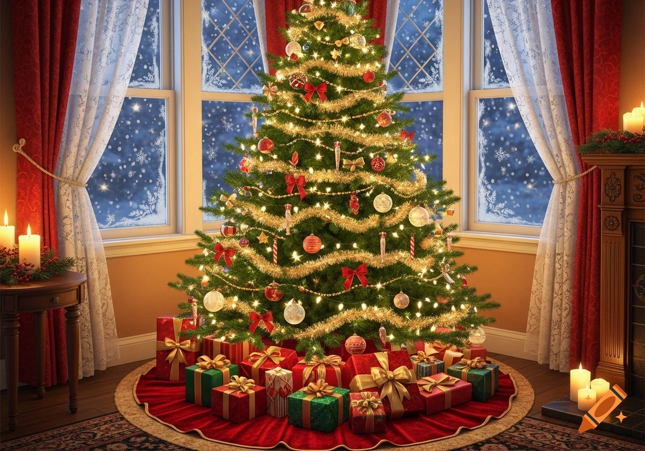 A photorealistic image of a brightly lit Christmas tree decorated with ornaments and tinsel, surrounded by wrapped gifts.