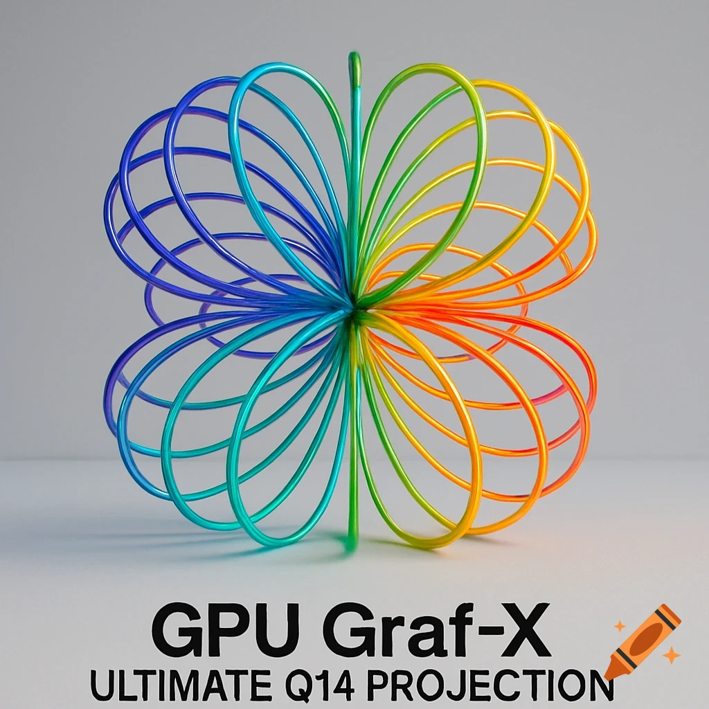 A rainbow-colored 3D wireframe sculpture, resembling a multi-petaled flower, on a gray background, with text "GPU Graf-X Ultimate Q14 Projection".