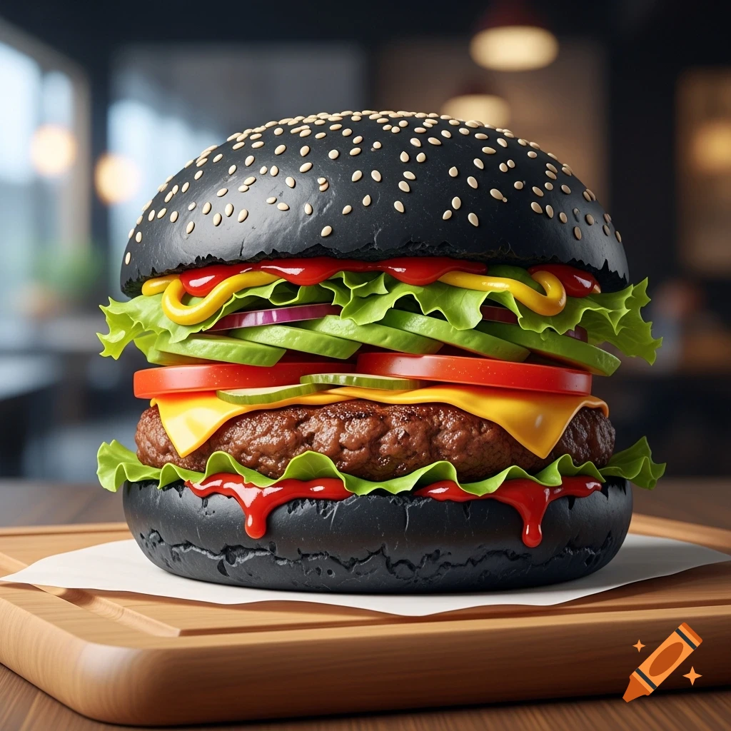 A large, photorealistic black burger with a beef patty, cheese, vegetables, ketchup, and mustard on a wooden board.