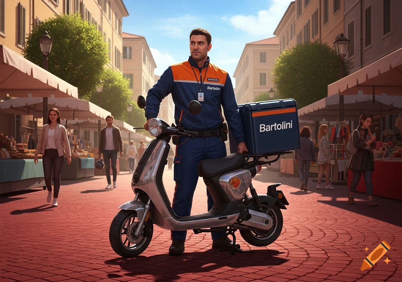 A man in a blue and orange Bartolini uniform stands next to a silver scooter with a delivery box on a red brick street.