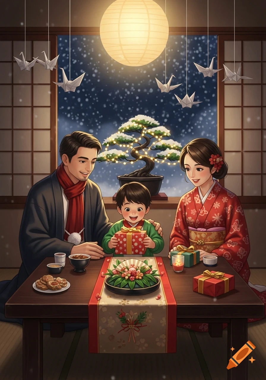 An anime illustration of a Japanese family celebrating indoors with snow outside, a boy opening a gift.
