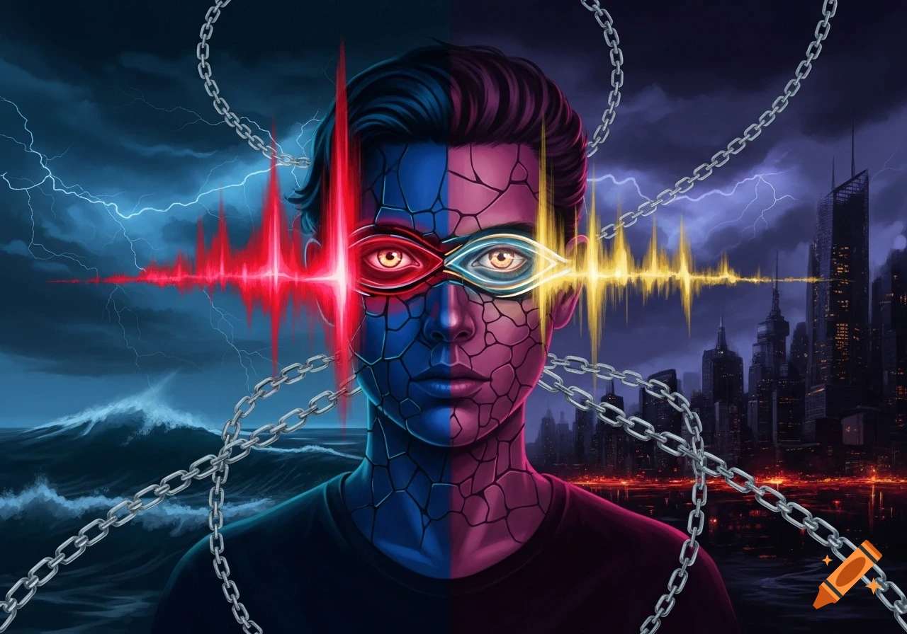 Stylized male face split blue and purple with cracks, red and yellow sound waves from eyes, silver chains, stormy ocean and city backgrounds.