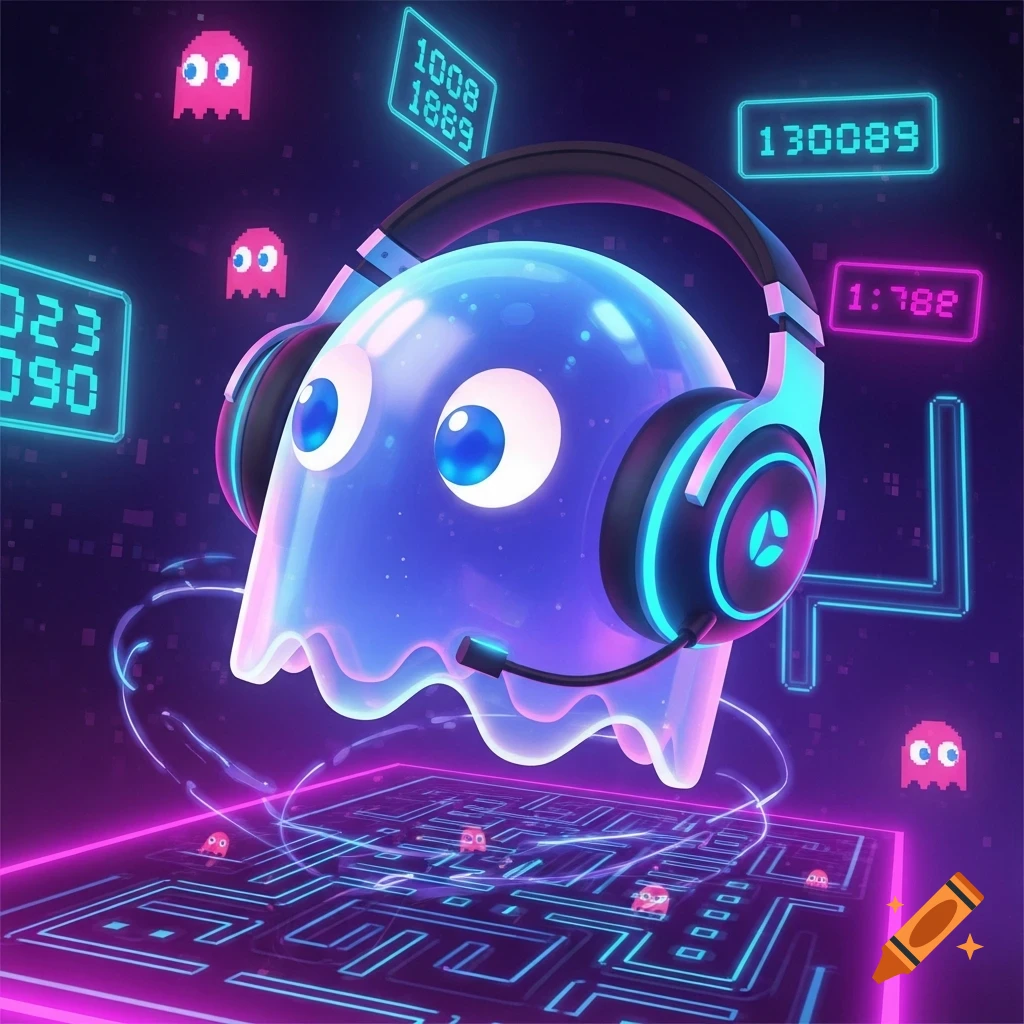 Neon blue Pac-Man ghost wearing a gaming headset, floating above a glowing maze, with pink ghost sprites and digital score displays.