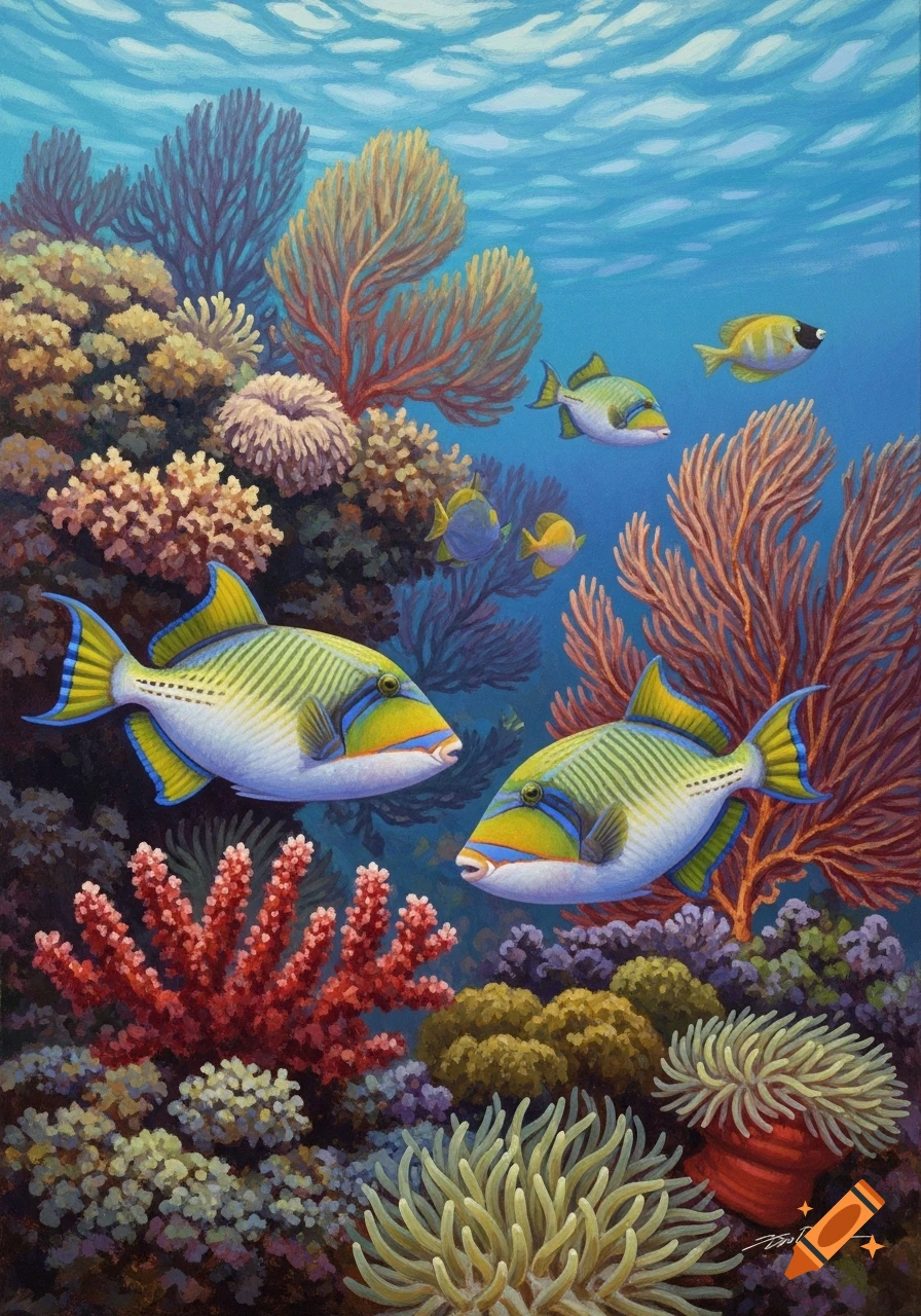 A vibrant painting of two Queen Triggerfishes swimming among colorful coral and other small fish in an underwater reef.