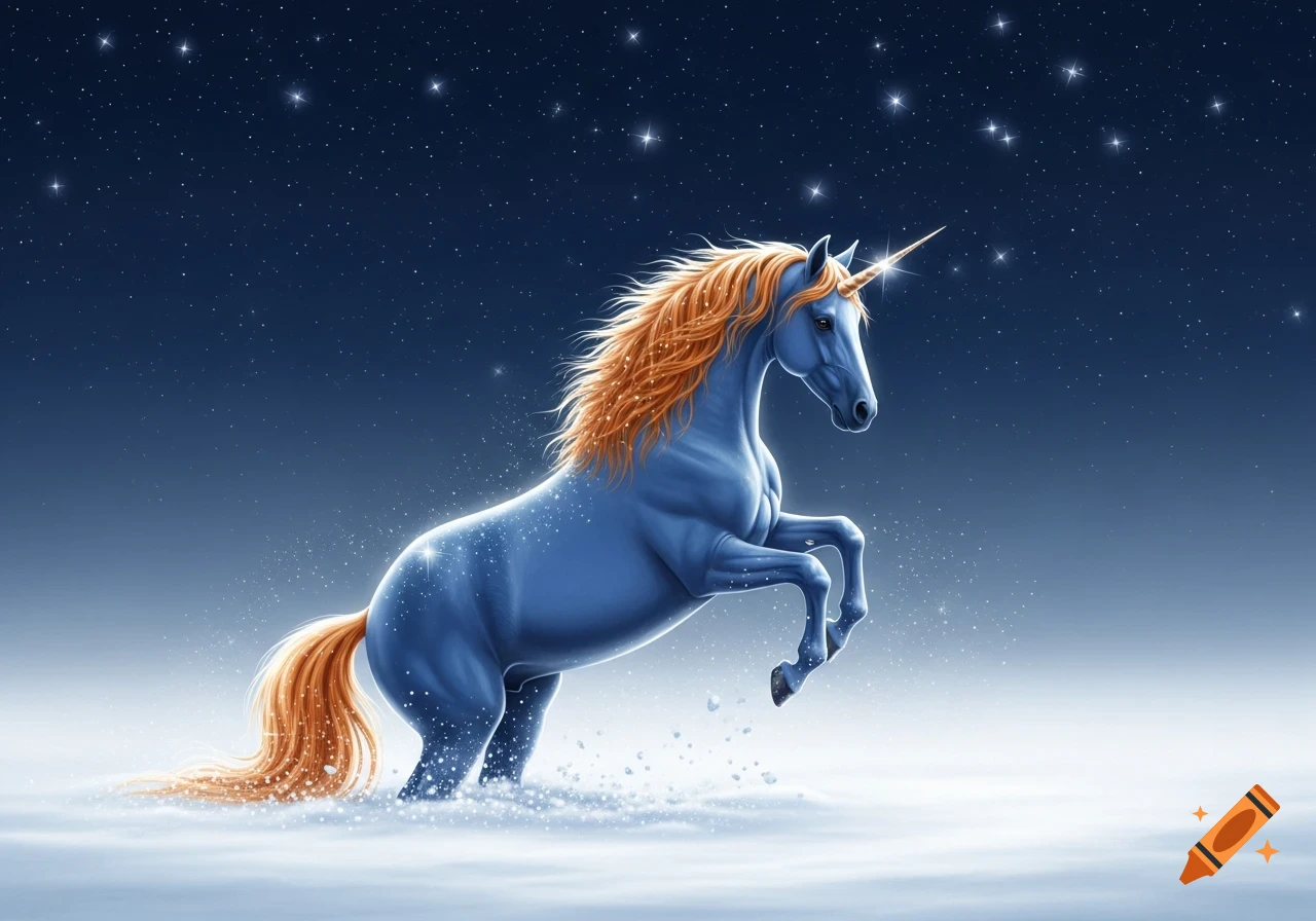 A blue unicorn with a flowing orange mane rears in sparkling snow under a dark, starry night sky.