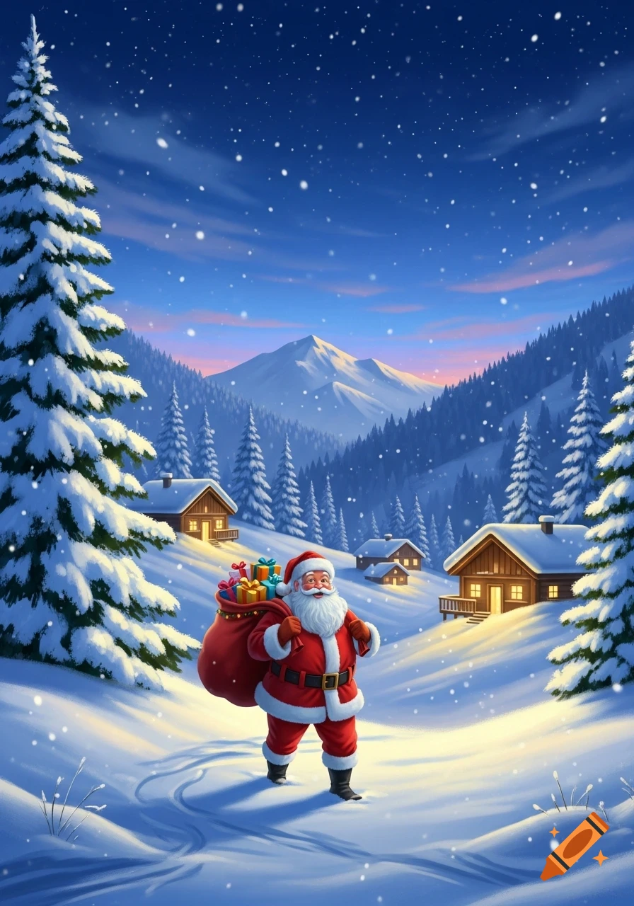 Santa Claus walks through a snowy mountain village carrying a sack of gifts, surrounded by snow-covered pine trees and cabins at dusk, digital art.