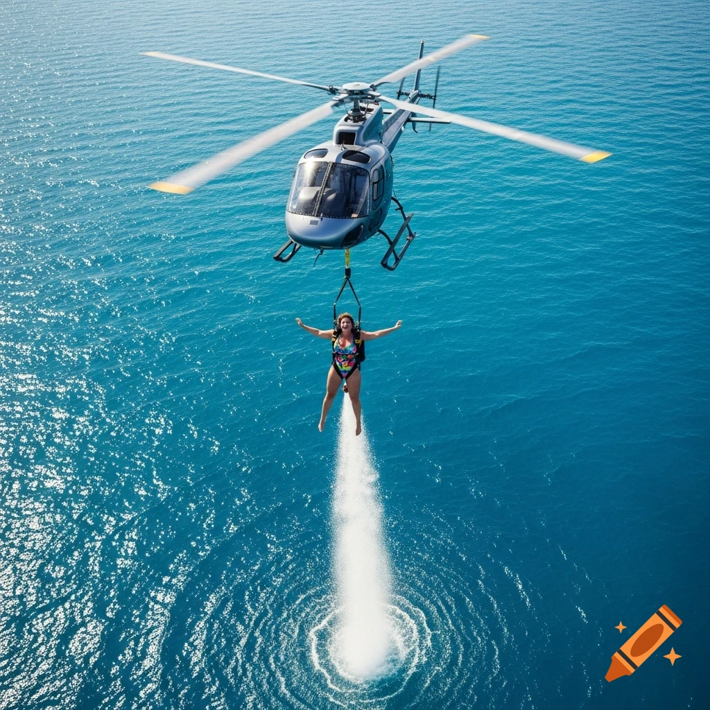 A helicopter airlifts a woman in a colorful swimsuit out of the ocean, leaving a trail of water spray.