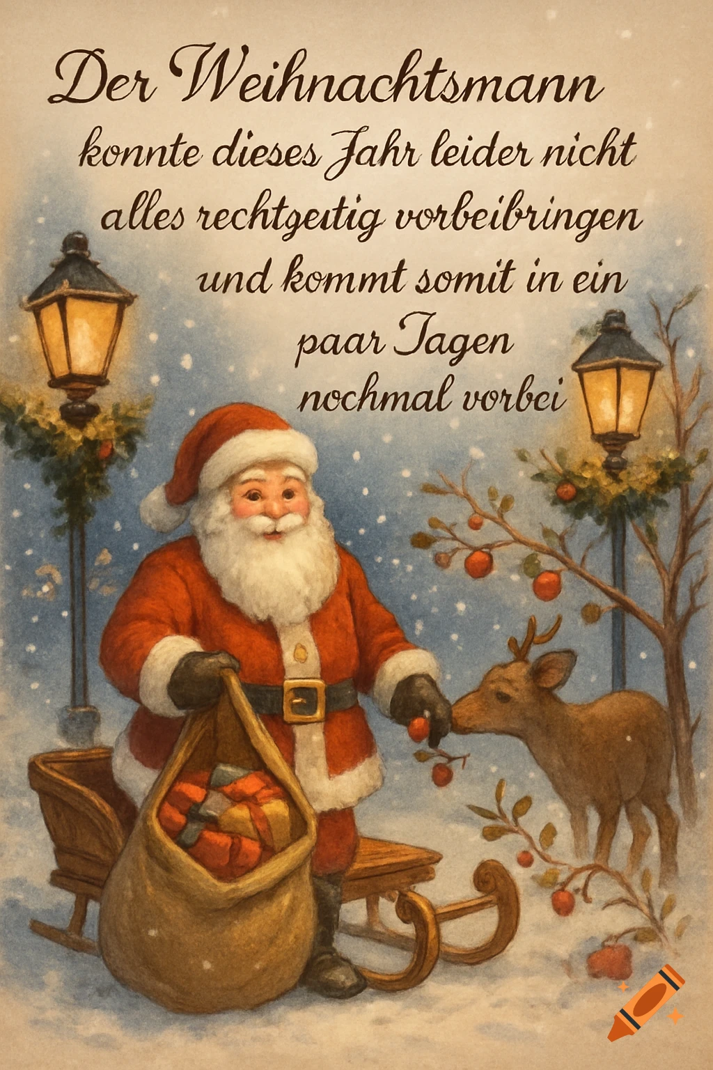 Watercolor illustration of Santa Claus feeding a deer next to a sleigh with gifts in a snowy street scene with glowing lanterns and German text.