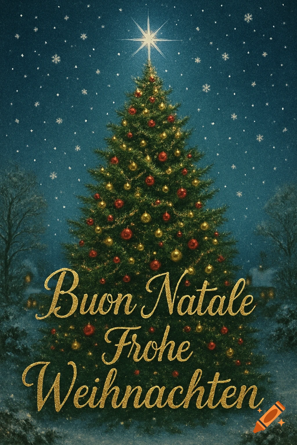 A decorated Christmas tree under a starry night sky with a bright star on top, and golden text reading "Buon Natale Frohe Weihnachten".