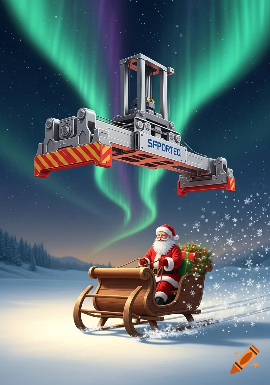 Santa in a sleigh with presents and a 'SFPORTEQ' container spreader in a snowy, aurora-lit landscape.