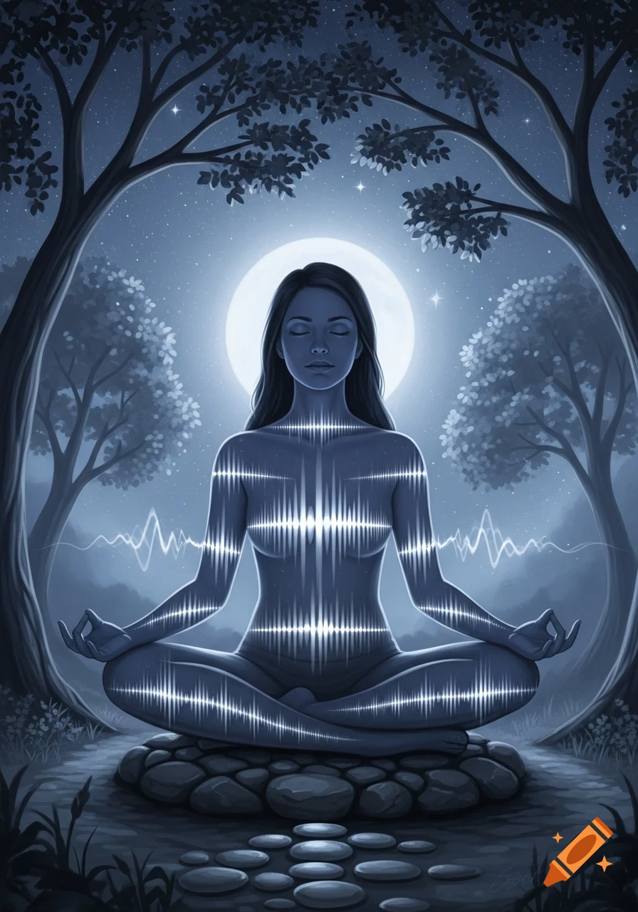 Stylized woman meditating under a full moon in a dark forest, with glowing energy lines on her body.