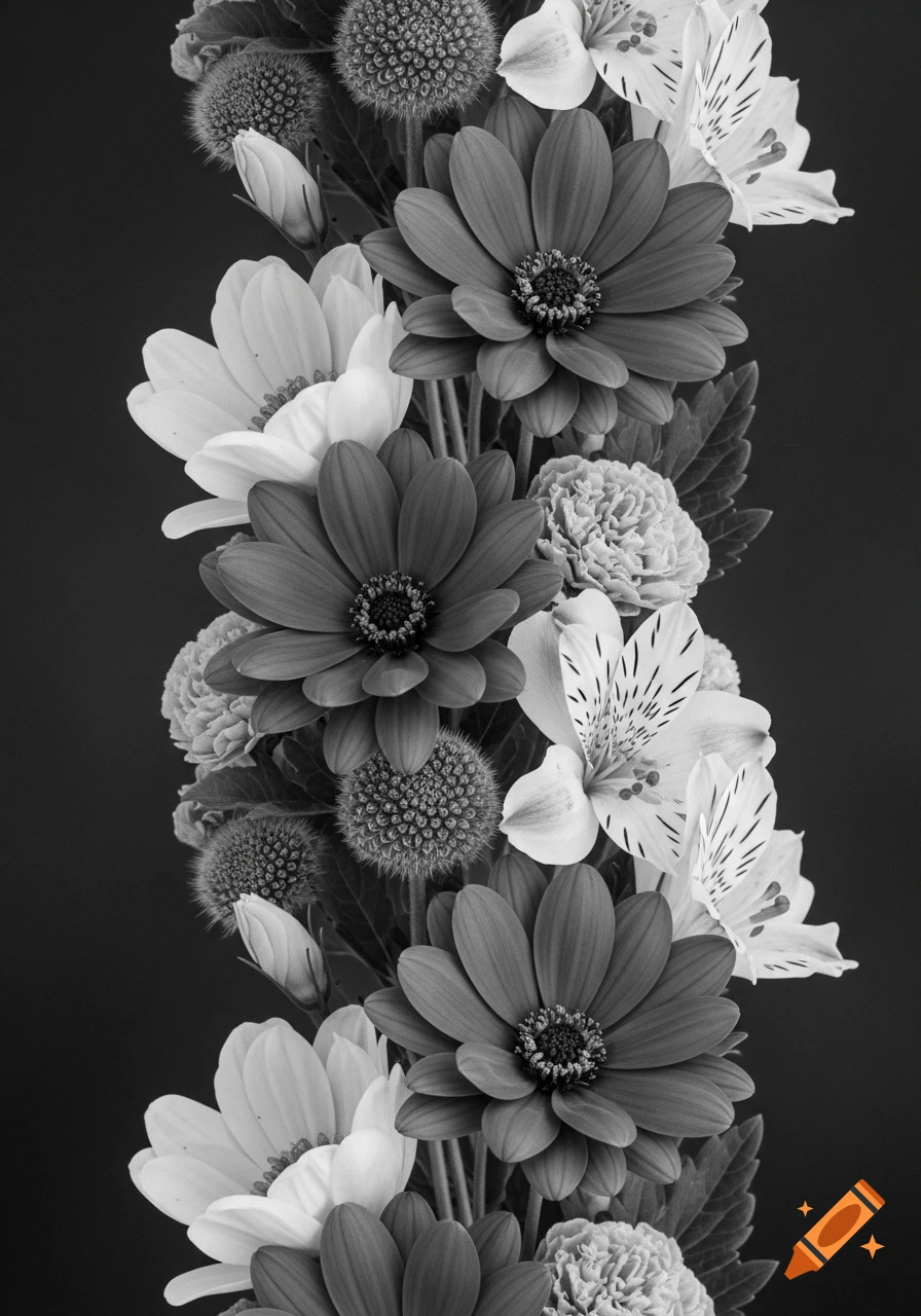 A black and white close-up of a vertical bouquet of assorted flowers against a dark background.