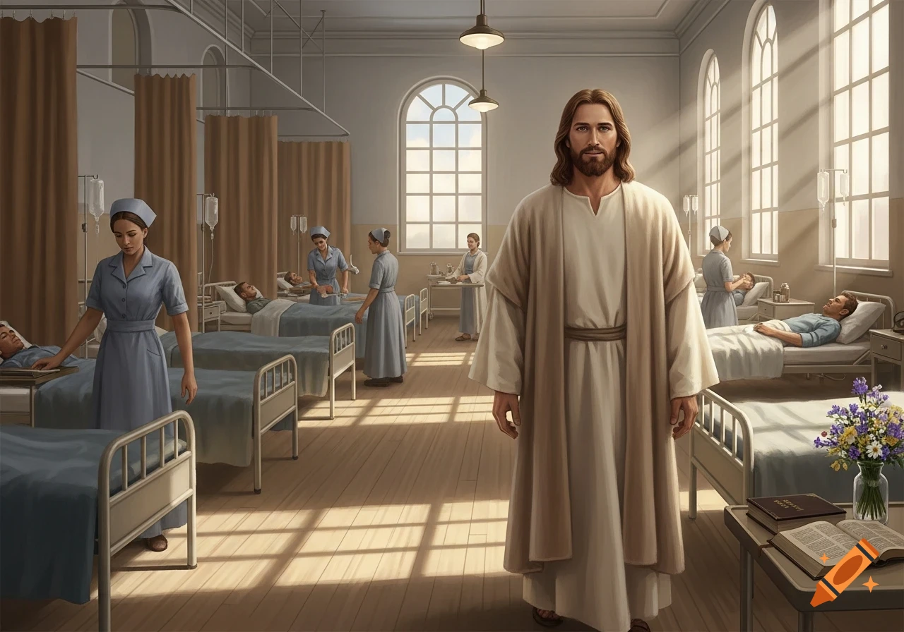 Jesus stands prominently in a sunlit hospital ward, with nurses tending to patients in beds.