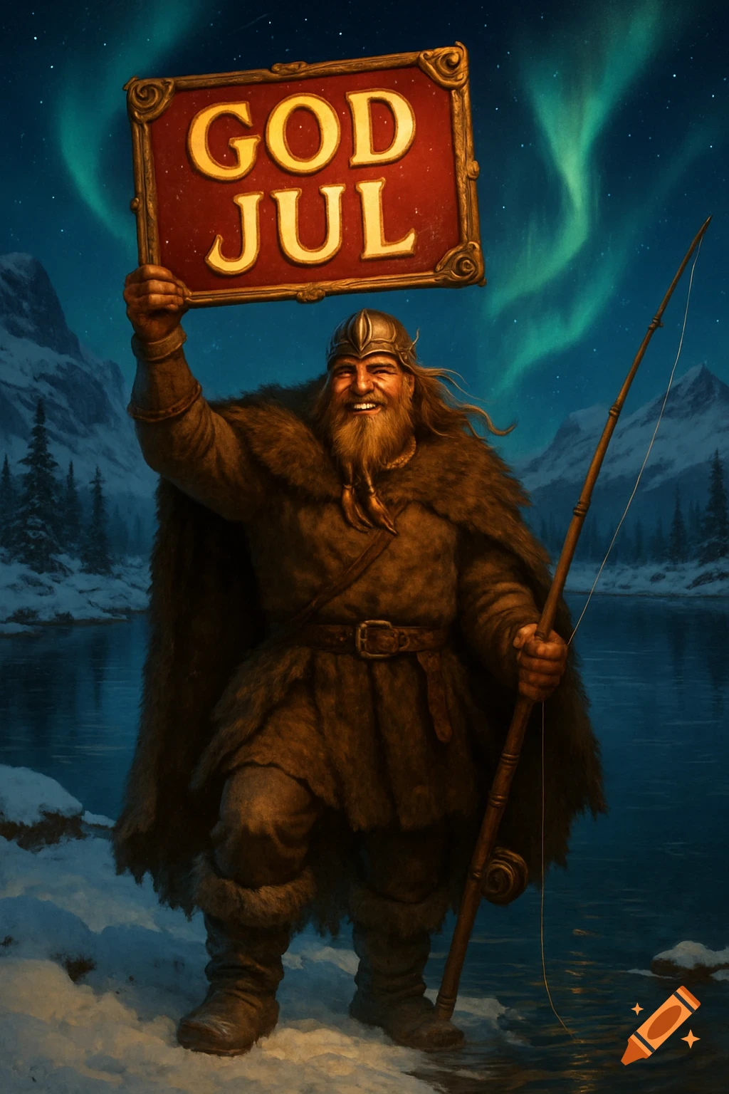 Smiling Viking in fur holding a 'GOD JUL' sign and fishing rod in a snowy landscape with aurora borealis, illustrative style.