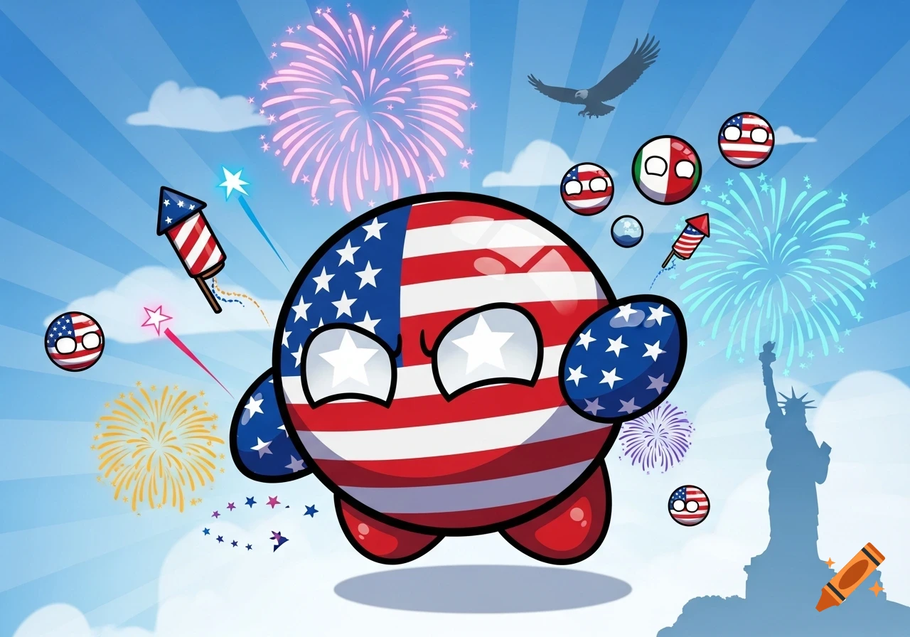 A large USA countryball floats in a cartoon blue sky, surrounded by colorful fireworks, smaller countryballs, an eagle, and the Statue of Liberty silhouette.