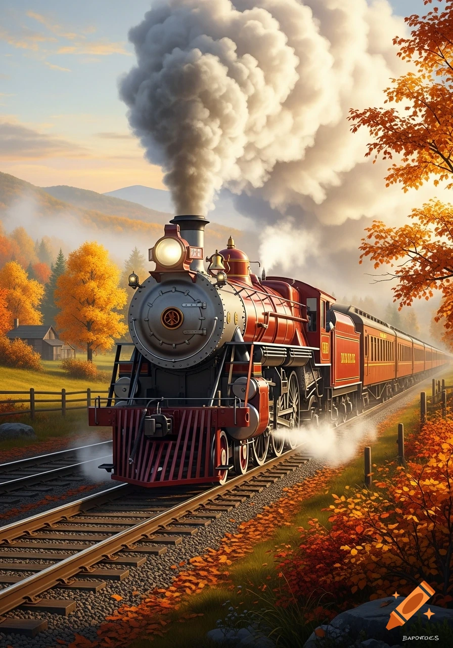 A red and gray steam locomotive pulls a passenger train through a vibrant autumn landscape with orange and yellow trees and mountains under a cloudy sky.