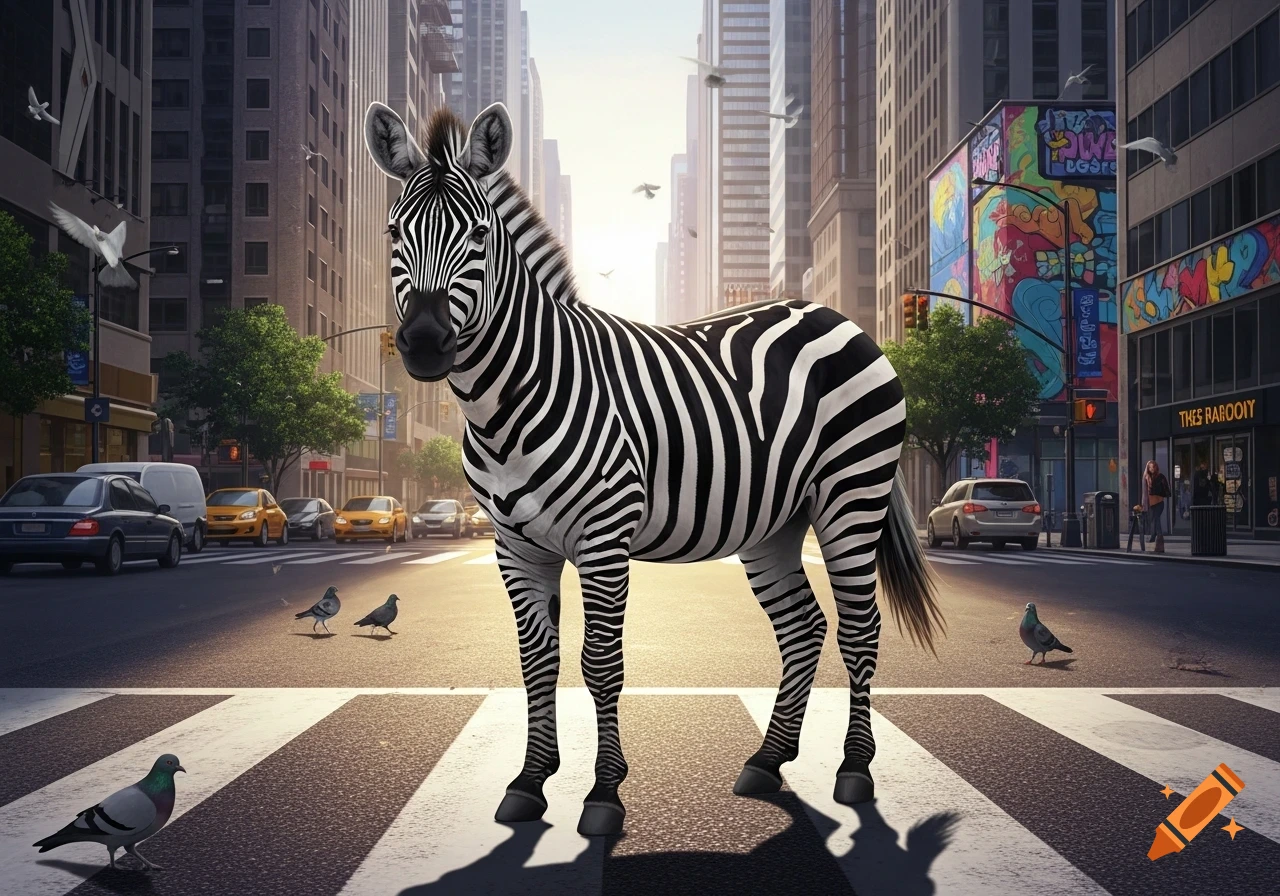 A photorealistic zebra stands on a crosswalk in a bustling city street with cars and tall buildings in the background.