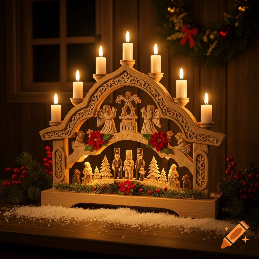 A traditional German Lichterbogen, a carved wooden candle arch with angels, soldiers, and trees, decorated with poinsettias, on a snowy wooden surface.