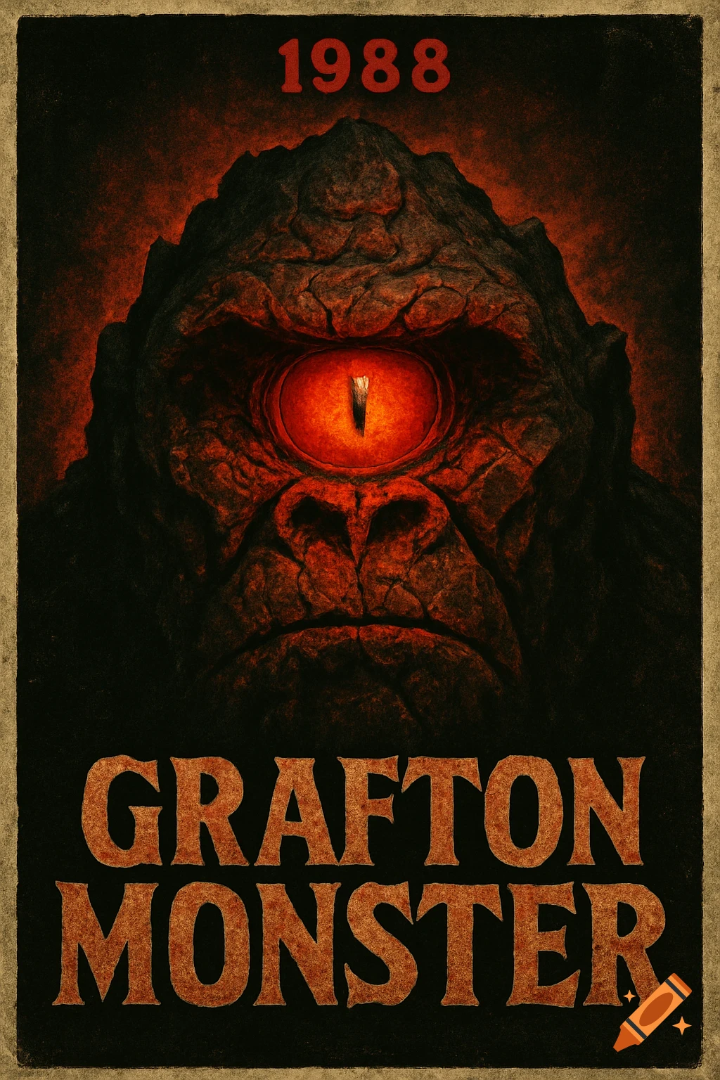 Vintage horror movie poster of a rock gorilla monster with a glowing red eye, featuring the text '1988 Grafton Monster'.
