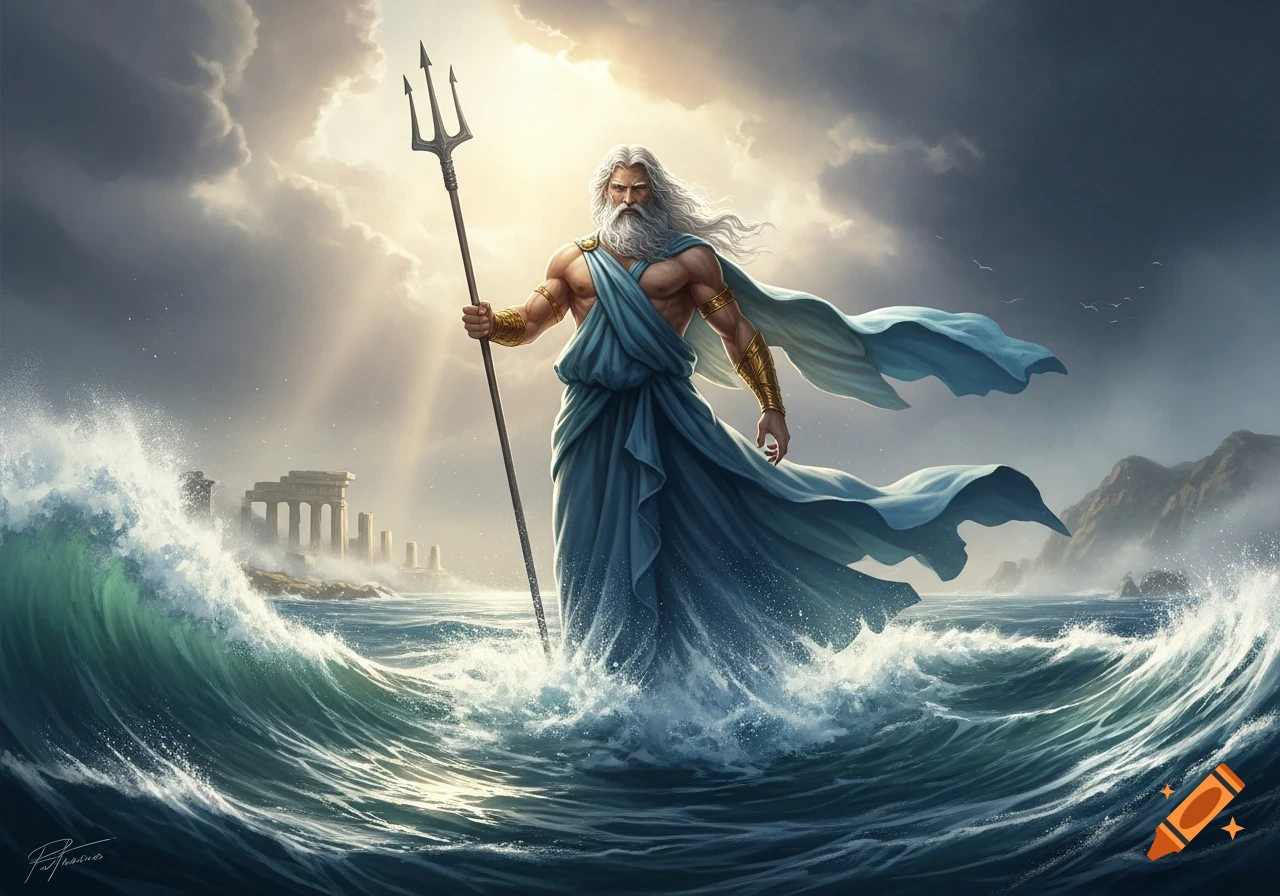 Poseidon, a muscular man with a white beard, stands in a stormy sea holding a trident, with ancient ruins under a dramatic sky.