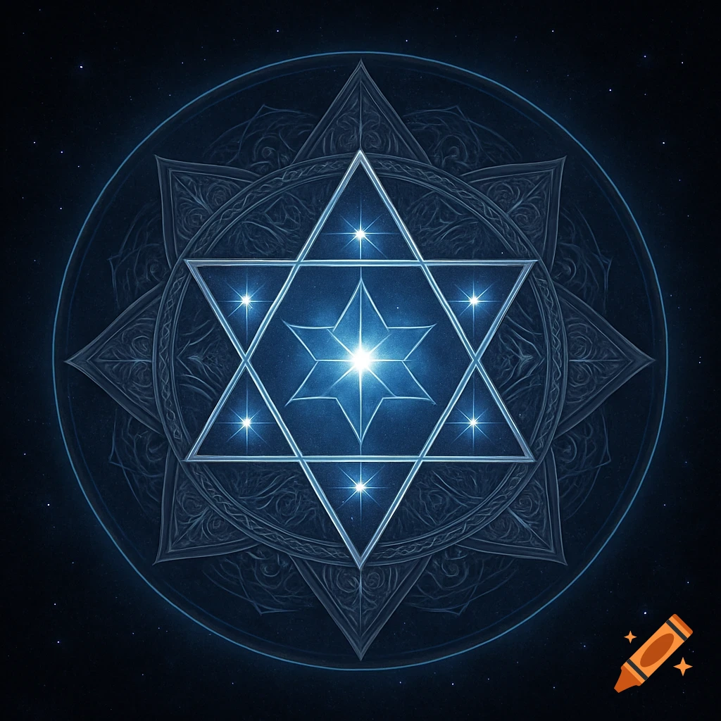 A glowing blue hexagram symbol with seven bright points, centered within an intricate octagram, surrounded by a circular mandala pattern on a starry dark blue background.