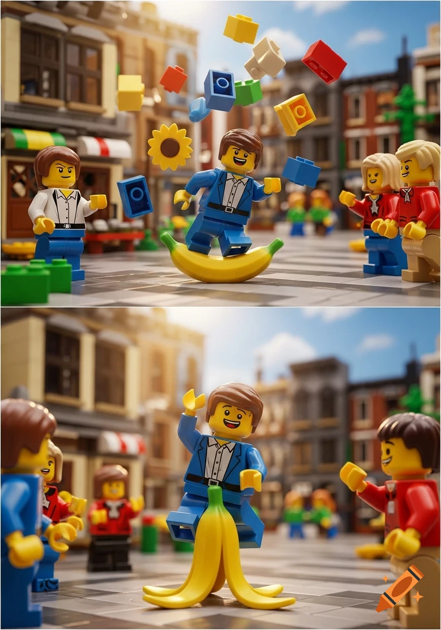 A Lego figure in a blue suit slides on a banana peel, scattering colorful blocks, while other Lego figures watch in a sunny street scene.