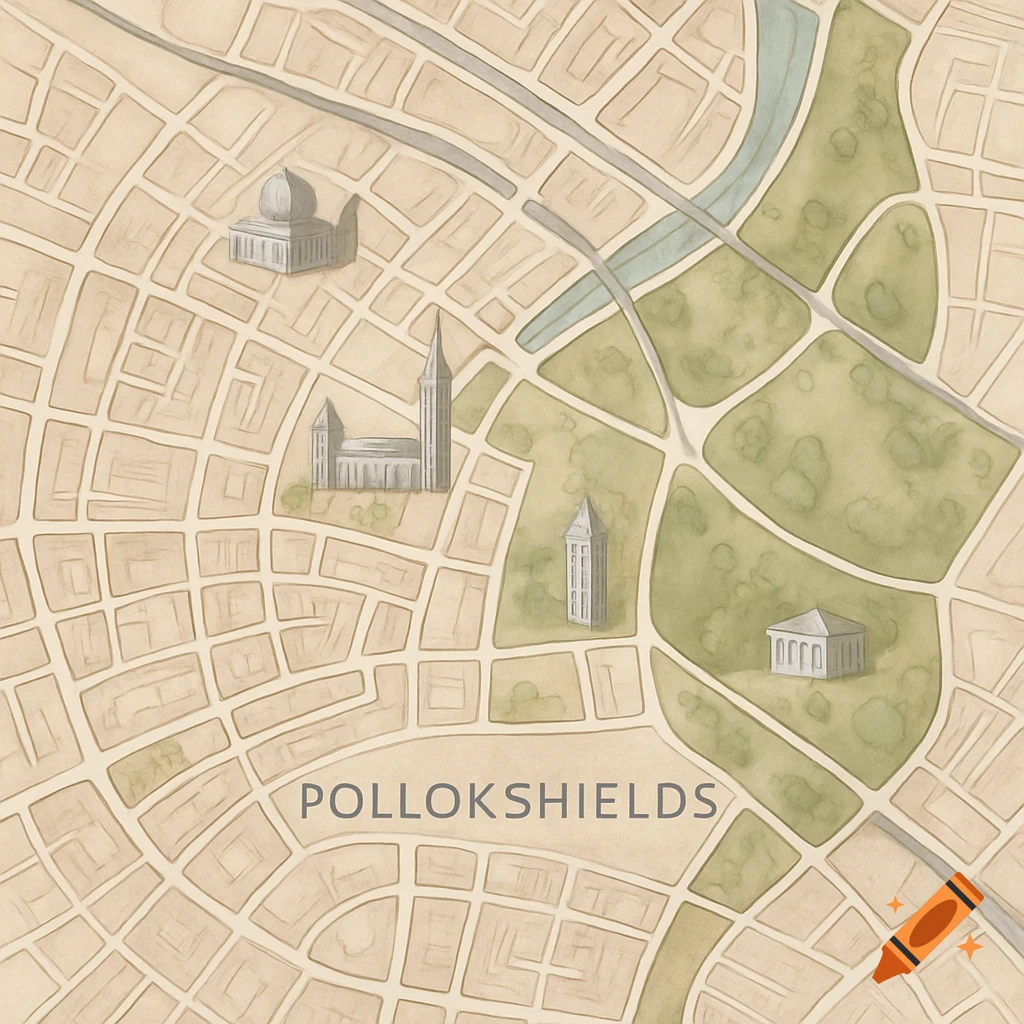 A watercolor-style map of Pollokshields showing streets, parks, a river, and various buildings.