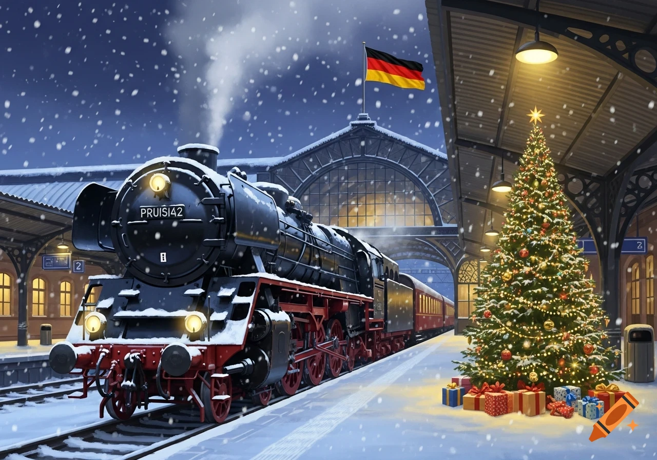 A steam locomotive in a snowy train station at night, with a decorated Christmas tree and gifts on the platform, under falling snow. A German flag flies above the station entrance.