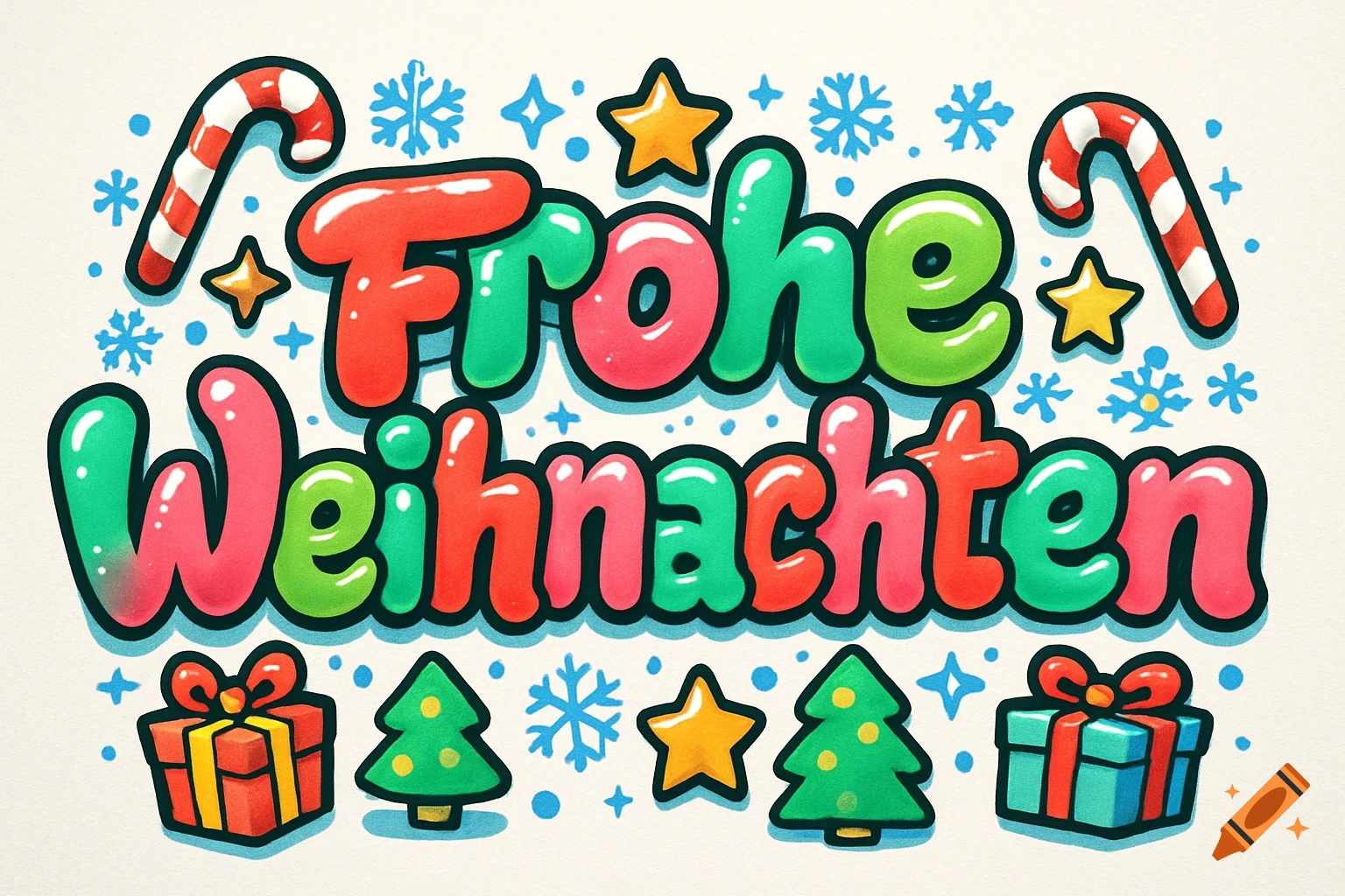 Colorful bubble letter illustration of "Frohe Weihnachten" (Merry Christmas) with candy canes, stars, snowflakes, presents, and trees in a cute style.