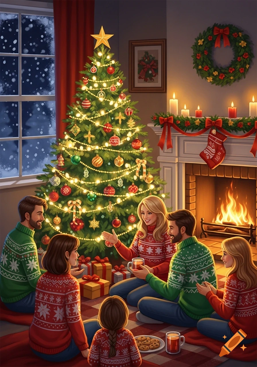 An illustrated family of five sits around a brightly lit Christmas tree and fireplace, exchanging gifts in a cozy living room.