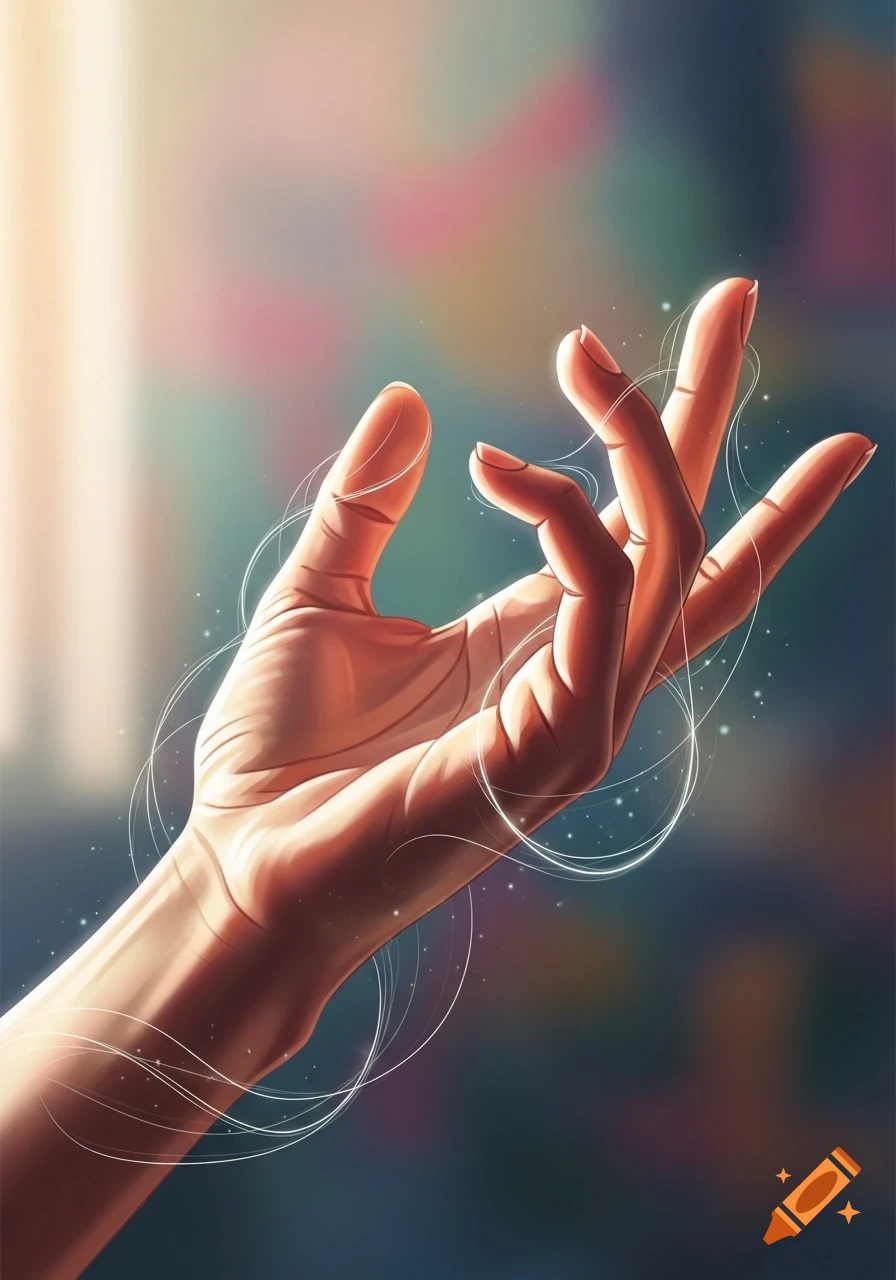 Digital art illustration of a hand reaching upwards, surrounded by glowing white lines and sparkles against a colorful, blurred background.