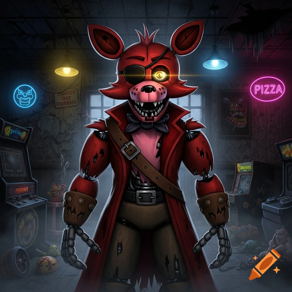 A red animatronic fox character with an eyepatch and a pirate coat stands in a dark, run-down arcade with neon signs and old machines.