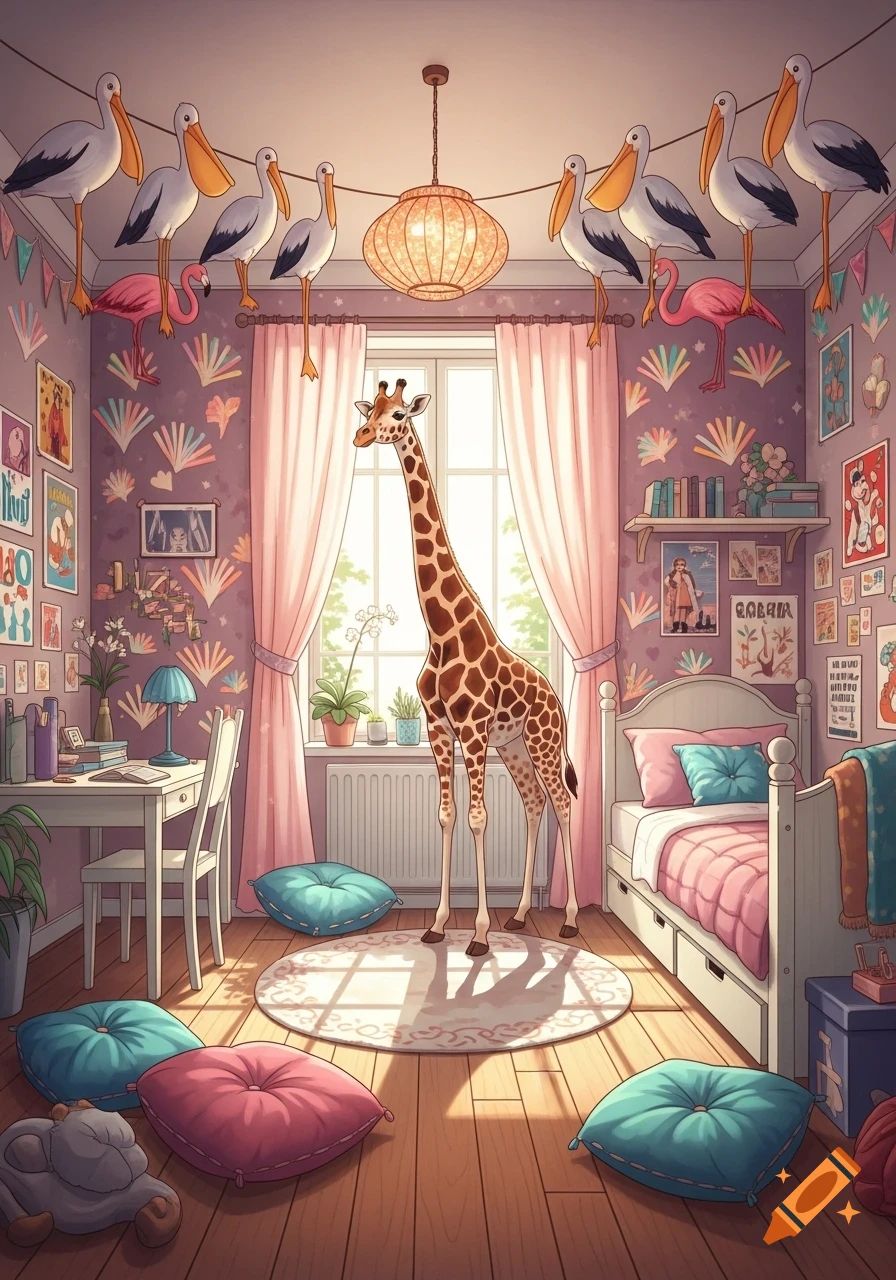A whimsical cartoon bedroom in pink and purple, with a tall giraffe standing in the center. Pelicans and flamingos decorate the ceiling.
