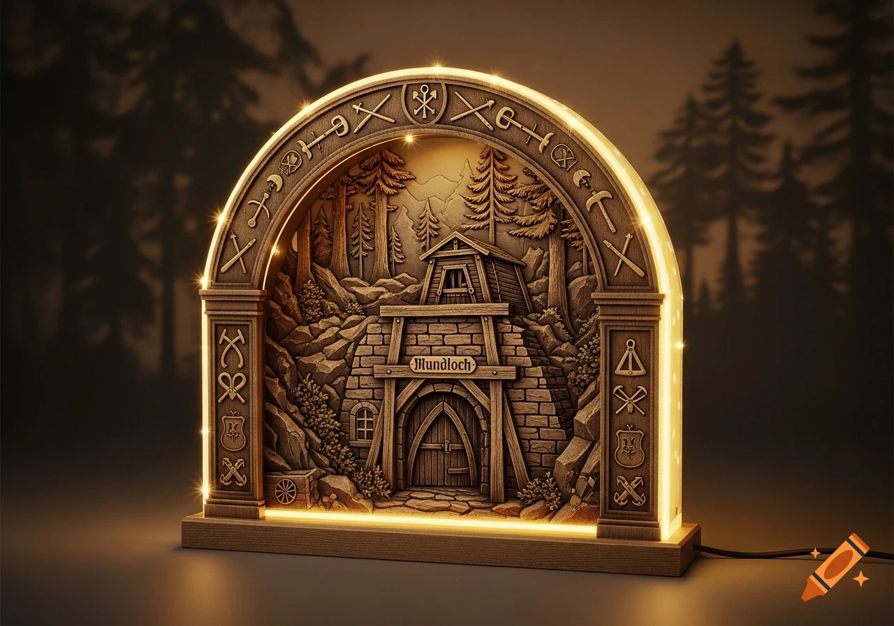 An illuminated wooden light arch featuring a detailed mine entrance with 'Mundloch' carved above, surrounded by trees and mining symbols.