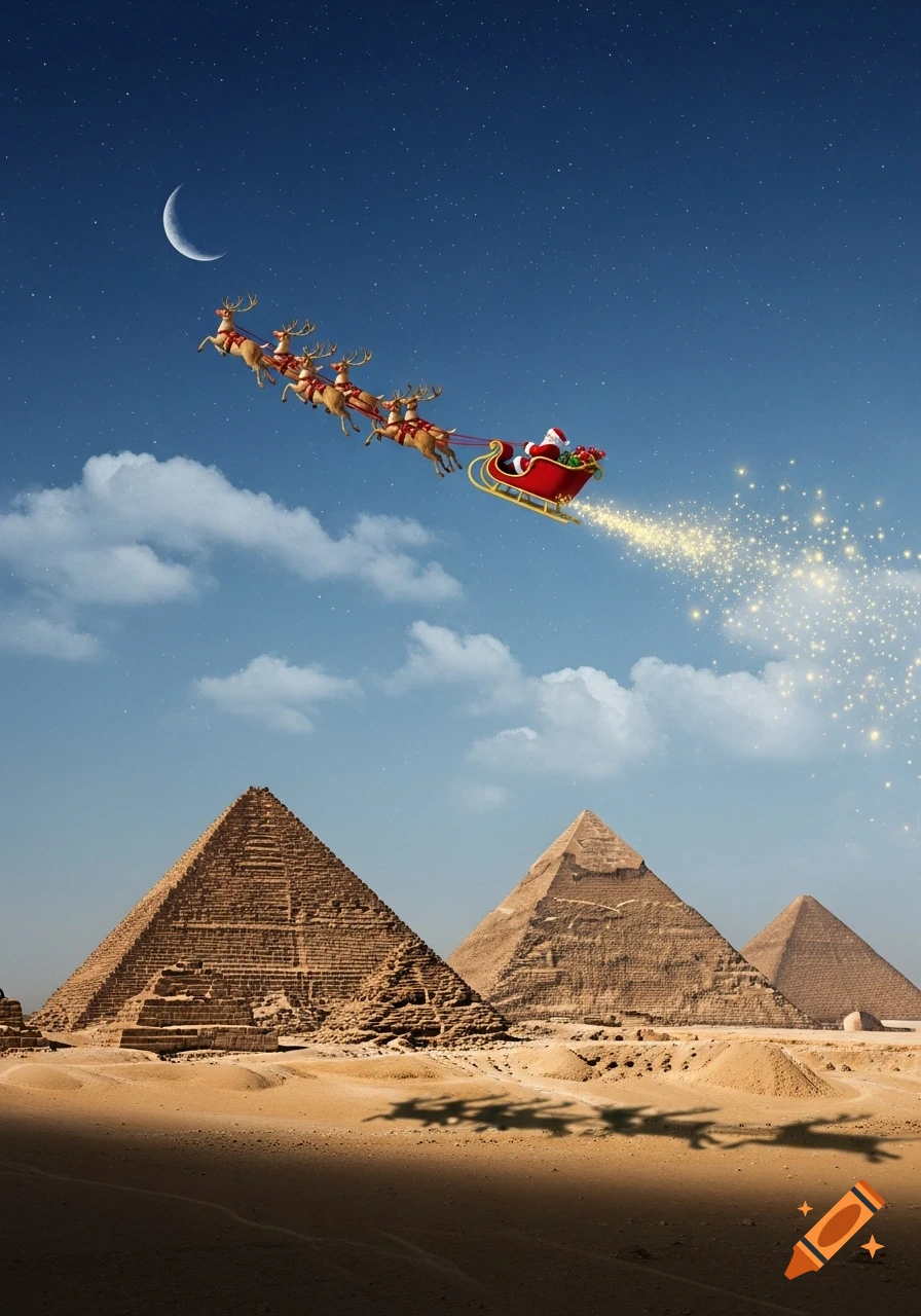 Santa Claus in his sleigh pulled by reindeer flying over the Giza pyramids at night under a crescent moon, leaving a magical trail.