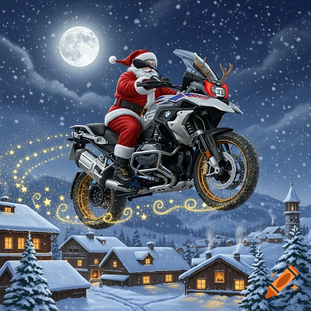 Santa Claus flies a BMW motorcycle with reindeer antlers over a snow-covered village at night, leaving a trail of golden stars under a full moon.