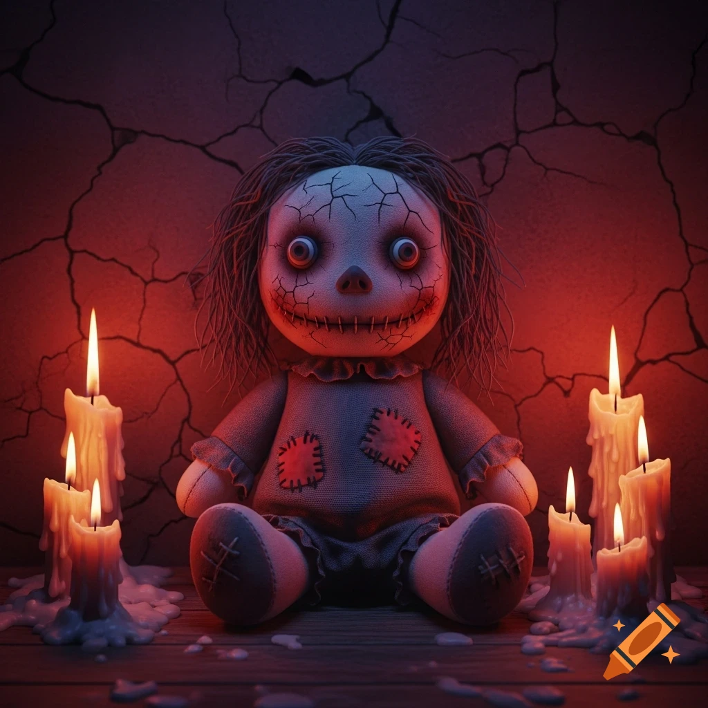 Eerie voodoo doll with cracked skin and stitched mouth, surrounded by melting candles in a dark, cracked room.
