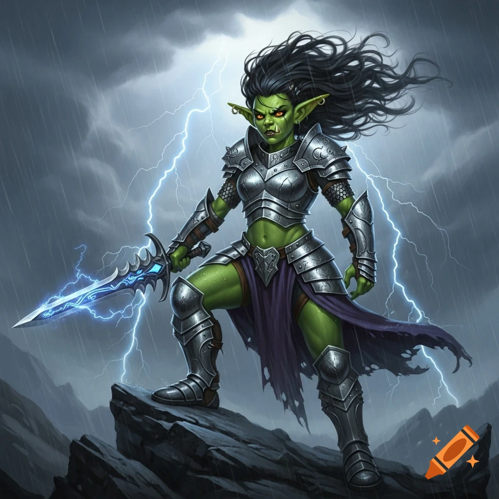 A green-skinned female goblin warrior in silver armor stands on a rocky peak, holding a glowing sword, with lightning in a stormy sky.